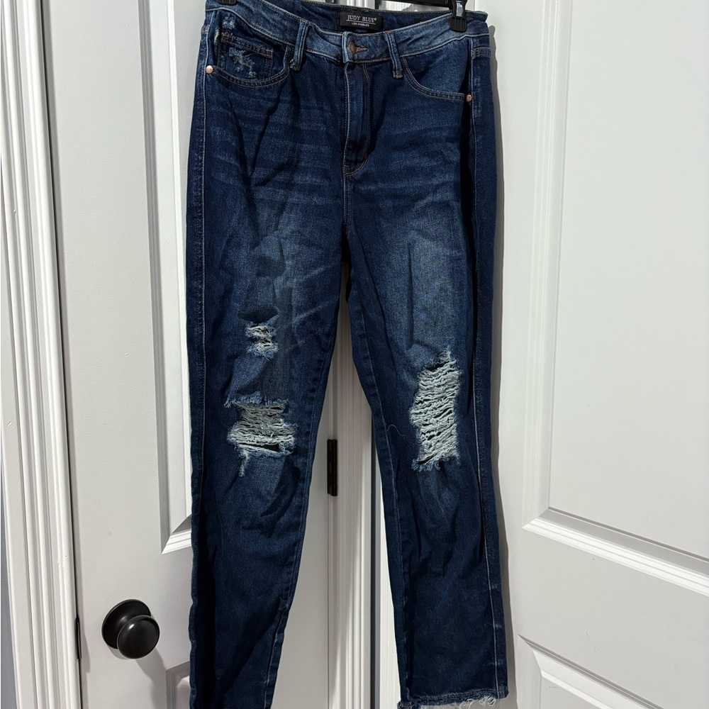 Judy Blue Dark Wash Distressed Straight Leg Jeans